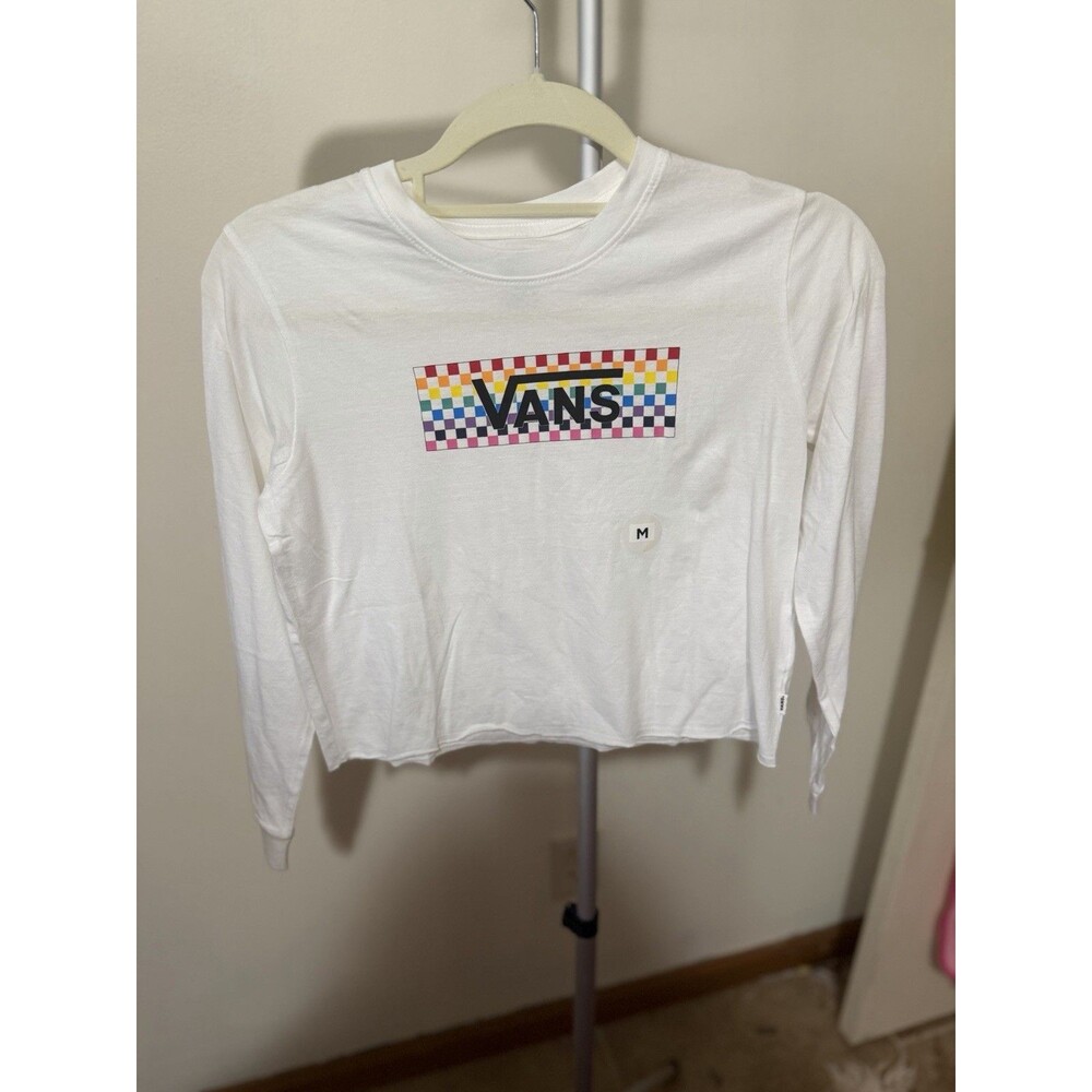 VANS Women’s White Multicolor Cropped Knit Long Sleeve Logo T-Shirt Size M